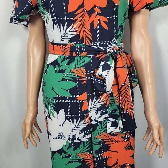 NY Collection Women's Navy Botanical Floral Jumpsuit With Waist Tie in a Size Me - Picture 3 of 16